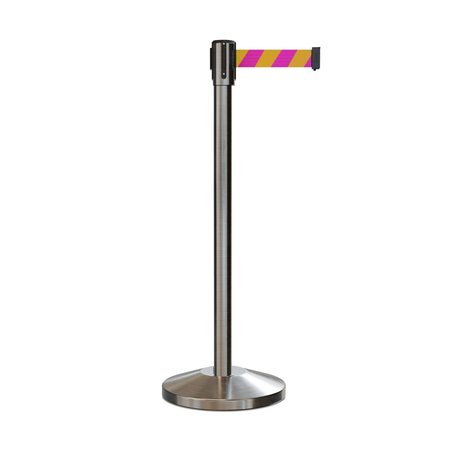 MONTOUR LINE Retractable Belt Barrier Stanchion, 2" Sat.Steel Post  7.5'Mag/Ye Belt M530-SS-MYD-75